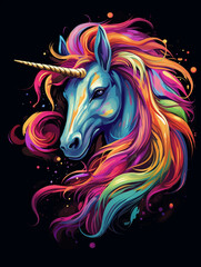 t-shirt design, a colorful unicorn head with rainbow mane created with Generative Ai