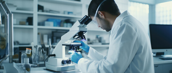 Fototapeta premium Professional scientist wearing a white lab coat, focusing on a microscope in a modern laboratory.