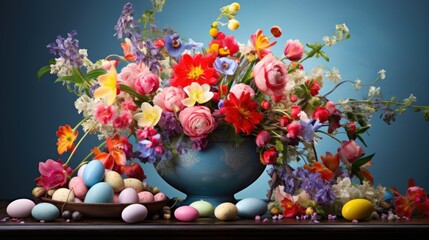  a blue vase filled with lots of colorful flowers next to a pile of eggs and a basket of colorful flowers.