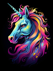 Fototapeta na wymiar t-shirt design, a colorful unicorn head with rainbow mane created with Generative Ai