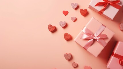 Valentine's day background with hearts and gift box on pink