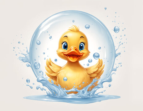 Illustration of a playful baby duck surrounded by soap bubbles and splashing water, it looks at the viewer with wide blue eyes and an open mouth. Isolated on white background