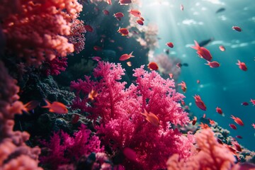 A vibrant coral reef with neon bright pink veins in the coral and fish,