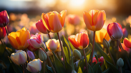 A magical landscape with sunrise over tulip field