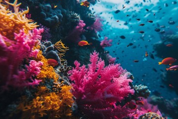 Fototapeta na wymiar A vibrant coral reef with neon bright pink veins in the coral and fish,