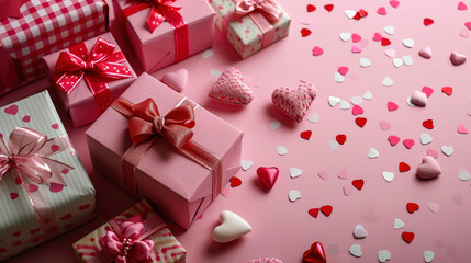 Obraz premium Valentine's day background with hearts and gift box on pink