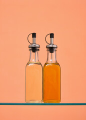 Two glass dispensers of oils. Proper nutrition and cooking.