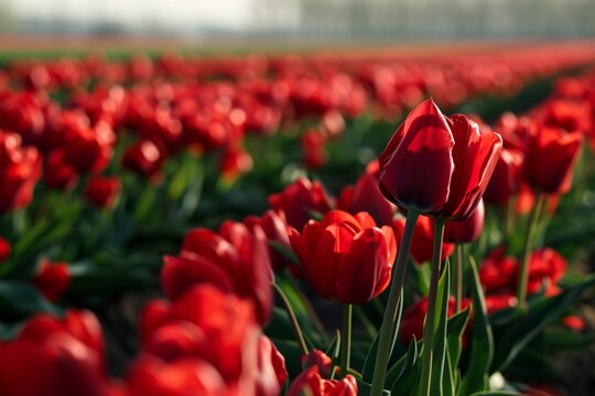 A vibrant tulip field with neon bright red veins in the petals and leaves,