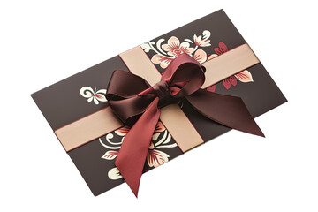 Elegant Gift Card With Brown And Red Ribbon And Floral Shape On Transparent Background