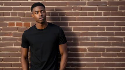 Obraz premium a handsome African American man wearing a blank black t-shirt, standing against a brick wall,