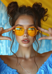 Młoda brunetka w żółtych okularach i niebieskiej sukience delikatnie dotyka palcami skroni. - obrazy, fototapety, plakaty