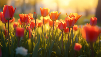 A magical landscape with sunrise over tulip field