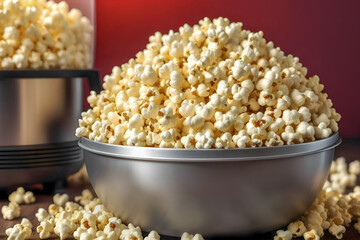 A cup with a pile of popcorn next to the popcorn maker