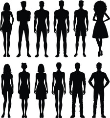vector detailed silhouettes set of standing people male and female full body front view with body gestures isolated on a white background