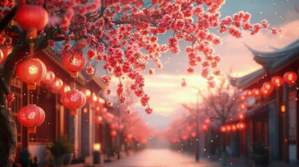 Obraz na płótnie Canvas Festive Glow: Houses and Lanterns Shine Bright in Chinese New Year Celebration with National Trend Illustrations