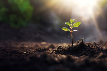 A sapling sprouting from the ground. Green seedling illustrating concept of new life and beginning of a new life. - obrazy, fototapety, plakaty