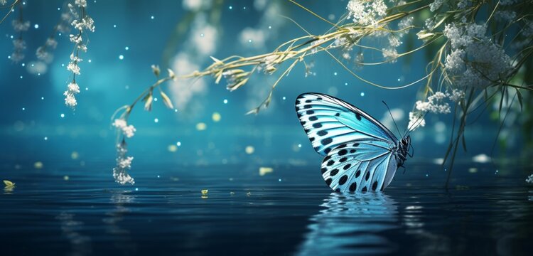 Fototapeta Aqua-blue butterfly with celestial patterns, gliding over a tranquil pond surrounded by weeping willows, reflecting the peacefulness of a summer afternoon.