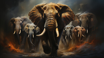 Elephant Gathering. A small group of elephants gather at a waterhole on a summer's day under threatening skies. - obrazy, fototapety, plakaty