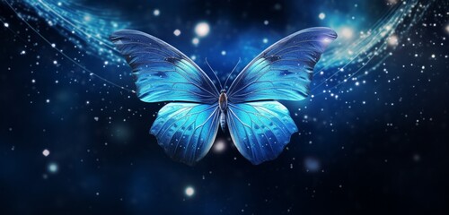 Celestial blue butterfly, its wings painted with celestial motifs, dancing in the glow of the...
