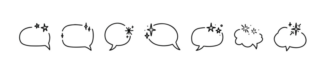 Doodle star speech bubble set. Simple border frame with cosmic ornament. Line art cute sparkle decoration. Party surprise thunking cloud. Sketch glitter text box