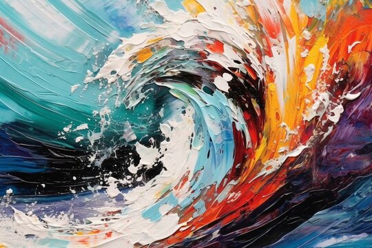 An abstract painting of a colorful wave on a white background with a black border and a black image. Generative AI