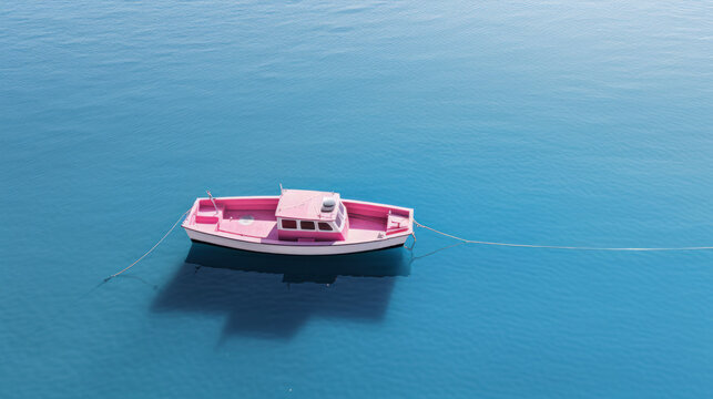  a pink and white boat floating on top of a body of water with a rope attached to the front of the boat.