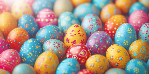 Fototapeta na wymiar Painted easter eggs multicolored background with traditional ornate and decor, seasonal holiday concept.