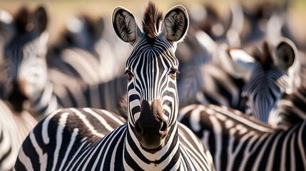 close up from a zebra surrounded with black and white stripes in his herd - obrazy, fototapety, plakaty