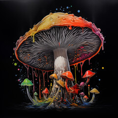 3D large mushrooms with paint dripping, black background