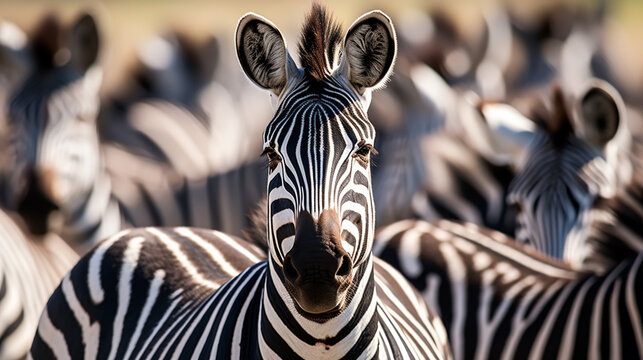 Fototapeta close up from a zebra surrounded with black and white stripes in his herd