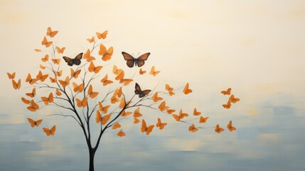  a painting of a tree with lots of orange butterflies flying from the top of the tree to the bottom of the tree.