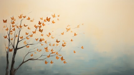  a painting of a tree with a bunch of butterflies flying from the top of the tree to the bottom of the tree.