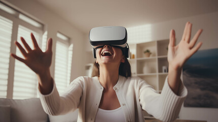 Caucasian woman using VR in living room.