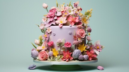  a three tiered cake decorated with flowers on a green platter on a blue background with scattered confetti.