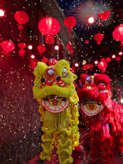 Chinese lunar new year, year of the dragon. Greeting banner with lions and firework