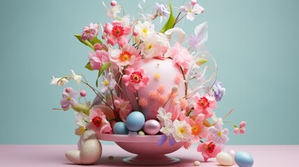  a pink vase filled with lots of flowers next to eggs and a bunny on a pink table next to a blue wall.