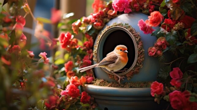  a bird is sitting in a birdhouse surrounded by pink and red flowers and a blue vase with a bird in it.