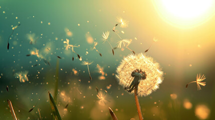 Whimsical Whispers: Dandelion Ballet in Summer Breeze. Generative AI