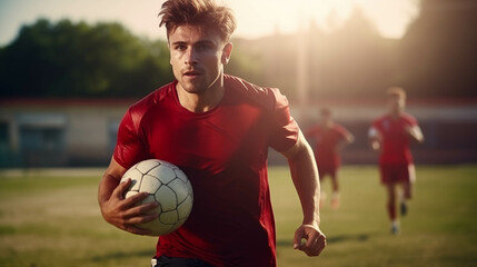 Caucasian male soccer player plays football on the field.