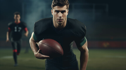 Caucasian male soccer player plays football on the field.