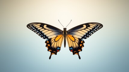  a close up of a butterfly flying in the air with a light blue back ground and a light blue sky in the background.