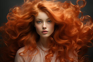 Golden Fashion Girl Portrait.Wavy Red Hair. Black Background.