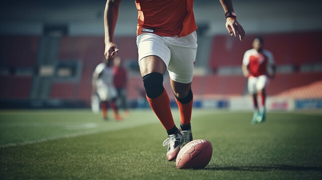 Caucasian male soccer player plays football on the field.