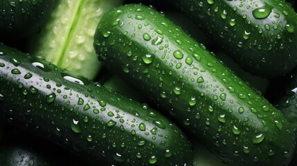  a pile of green cucumbers with water droplets on them, with a green leaf in the foreground.
