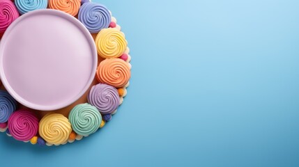 a plate filled with colorful cupcakes sitting on top of a blue surface with a pink plate in the middle.