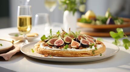  a close up of a plate of food on a table with a glass of wine and a plate of food.