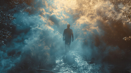 Ein Mann wandelt in den Wolken zum Licht - obrazy, fototapety, plakaty