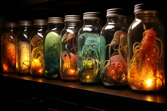 Halloween Decoration In Glass Bottles On A Shelf In A Shop