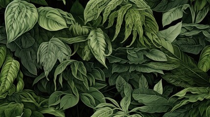  a close up of a bunch of green leaves on a black background with a green plant in the middle of the picture.
