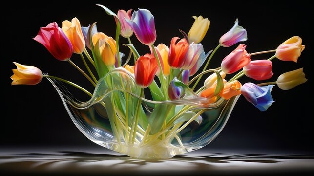  a vase filled with colorful tulips on top of a black table next to a white vase filled with red, yellow, and blue tulips.